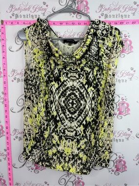 Jones New York Neon Yellow Black Abstract Cowl Neck Sleeveless Top